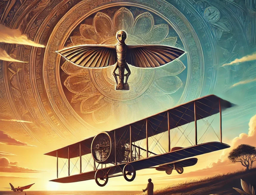 digital image depicting an ancient Indian flying machine (Vimana) alongside a 1903 Wright Flyer airplane Vimana, Wright Flyer, ancient aviation, modern aviation, aviation history, Indian mythology, aerospace technology