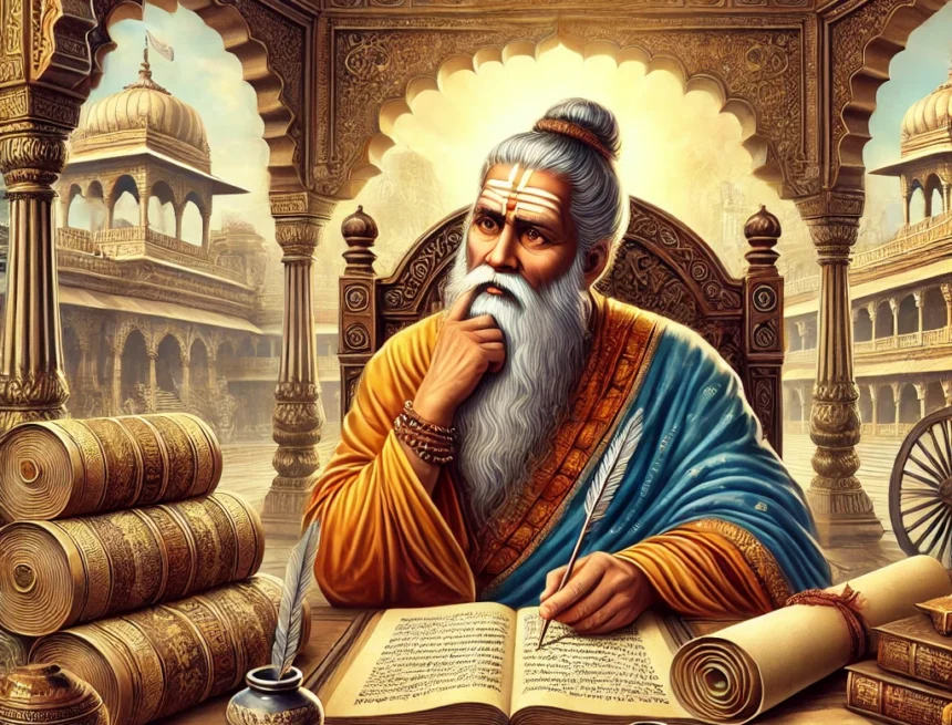 Kautilya, Arthashastra, ancient scholar, Mauryan era, Indian history, traditional attire, ancient scrolls, scholarly pursuit, palace interior, Kautilya Arthashastra