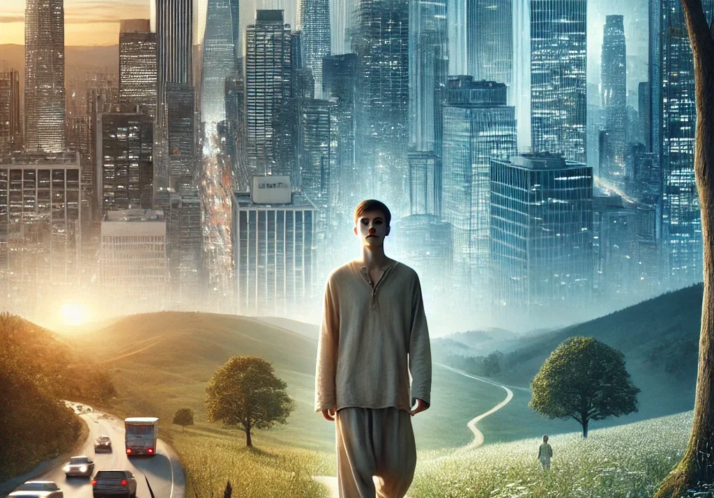 modern life, cityscape, countryside, tranquility, spiritual journey, sunset, urban chaos, serene, minimalism, self-discovery, Yoga Renunciation of Desires