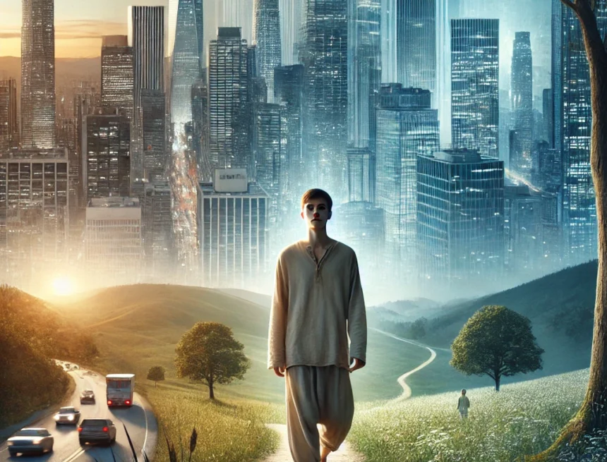 digital image depicting the transition from a chaotic modern cityscape to a tranquil countryside modern life, cityscape, countryside, tranquility, spiritual journey, sunset, urban chaos, serene, minimalism, self-discovery, Yoga Renunciation of Desires