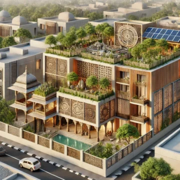 modern architecture, sustainable design, Vedic architecture, green roofs, solar panels, jaali screens, urban greenery, eco-friendly building, natural materials, wood, stone