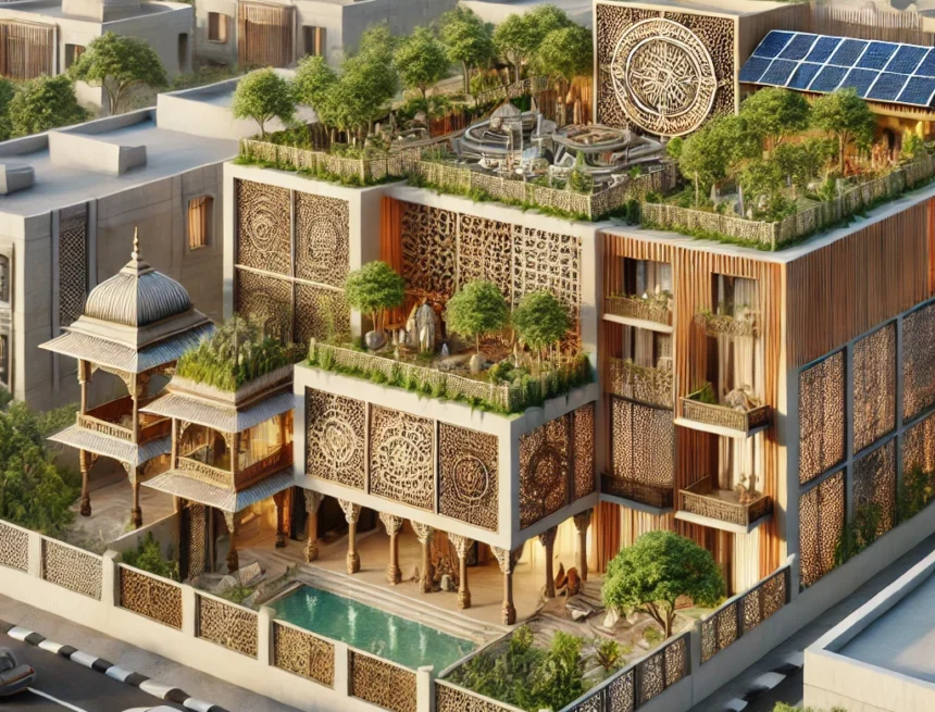 modern architecture, sustainable design, Vedic architecture, green roofs, solar panels, jaali screens, urban greenery, eco-friendly building, natural materials, wood, stone