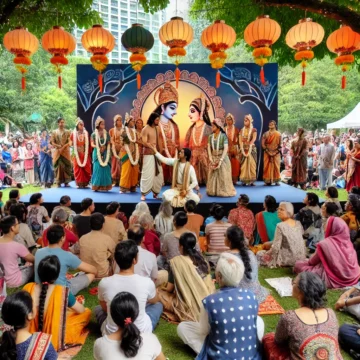 Sita Navami, cultural performance, Ramayana, traditional costumes, diverse audience, Indian lanterns, festive celebration, community center, divine marriage, Sita Rama, Sita Maa