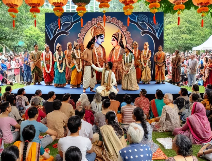 digital image illustrates a cultural performance during Sita Navami celebrations capturing a scene where performers in tradition Sita Navami, cultural performance, Ramayana, traditional costumes, diverse audience, Indian lanterns, festive celebration, community center, divine marriage, Sita Rama, Sita Maa