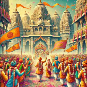 Ramnavami, Hindu festival, Indian culture, temple procession, traditional attire, musical instruments, spiritual celebration, flower petals, devotees praying, ornate temple