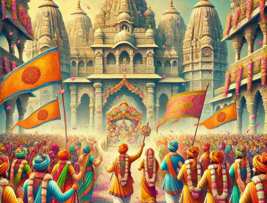 digital image illustrating the celebration of RamNavami in India capturing the vibrant and festive atmosphere typical of this Hindu festival Ramnavami, Hindu festival, Indian culture, temple procession, traditional attire, musical instruments, spiritual celebration, flower petals, devotees praying, ornate temple