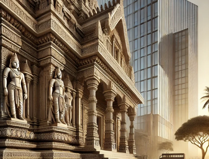 digital image integration of ancient and modern architectural principles ancient architecture, modern architecture, Vedic principles, architectural fusion, sustainable design, Vedic Science Cultural Relevance