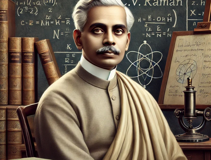 digital image of CV Raman on his life and contributions to physics CV Raman, Indian physicist, Nobel Prize, traditional attire, academic setting, scientific instruments, blackboard, equations, early 20th century, cultural heritage