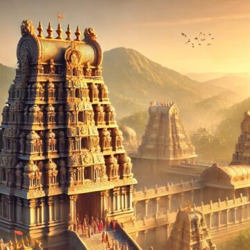 Lord Venkateswara Balaji Temple, Dravidian architecture, sunrise, spiritual journey, diverse devotees, golden glow, intricate sculptures, towering gopurams, serene setting, majestic landscape, Lord Venkateswara Balaji