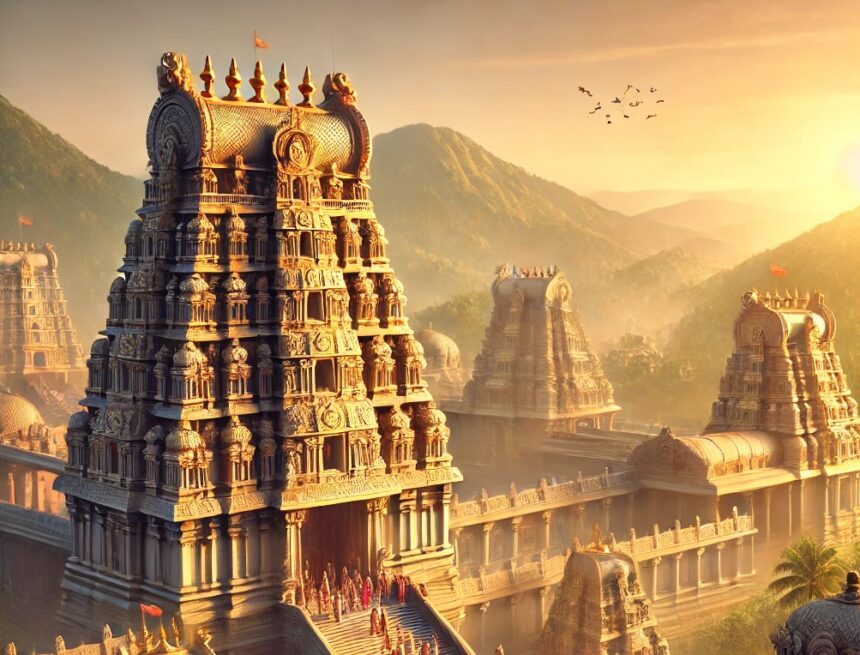 digital image of Lord Venkateswara Balaji Temple designed to showcase its grand Dravidian architecture and spiritual significance Lord Venkateswara Balaji Temple, Dravidian architecture, sunrise, spiritual journey, diverse devotees, golden glow, intricate sculptures, towering gopurams, serene setting, majestic landscape, Lord Venkateswara Balaji