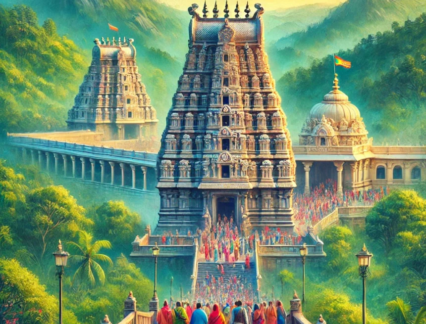 digital image of the Lord Sri Venkateswara Temple Lord Sri Venkateswara Temple, Tirumala hills, Dravidian architecture, spiritual site, global unity, devotees, traditional attire, intricate carvings, lush greenery, clear blue sky, Lord Sri Venkateswara