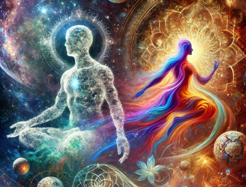 digital image reflecting Purusha and Prakriti symbolically represents cosmic man and the material nature within an ethereal, abstract environment Purusha, Prakriti, cosmic man, material nature, spirituality, ancient concepts, abstract art, ethereal, mystical, celestial