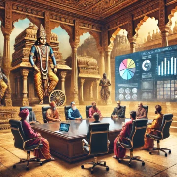 ancient Indian environment, modern corporate world, traditional Indian attire, conference table, laptops, digital displays, strategic planning session, fusion of tradition and modernity