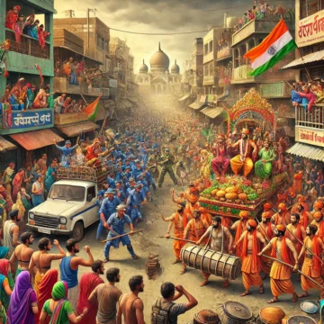 Ramnavami, festival, India, celebration, procession, conflict, urban scene, traditional music, cultural diversity, tension