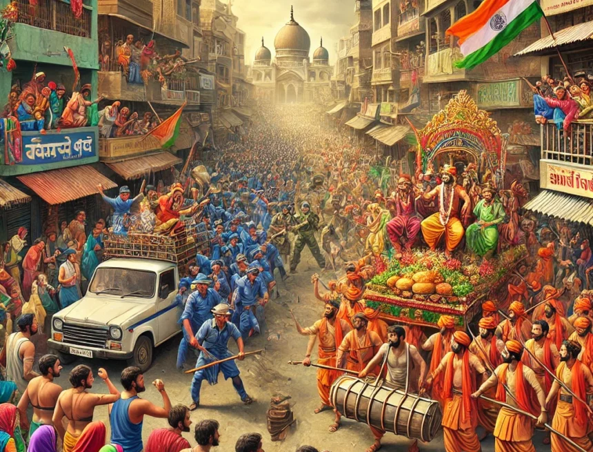 digital image representing a vibrant yet slightly chaotic Ramnavami celebration scene capturing the essence of celebration intertwined with underlying tensions Ramnavami, festival, India, celebration, procession, conflict, urban scene, traditional music, cultural diversity, tension