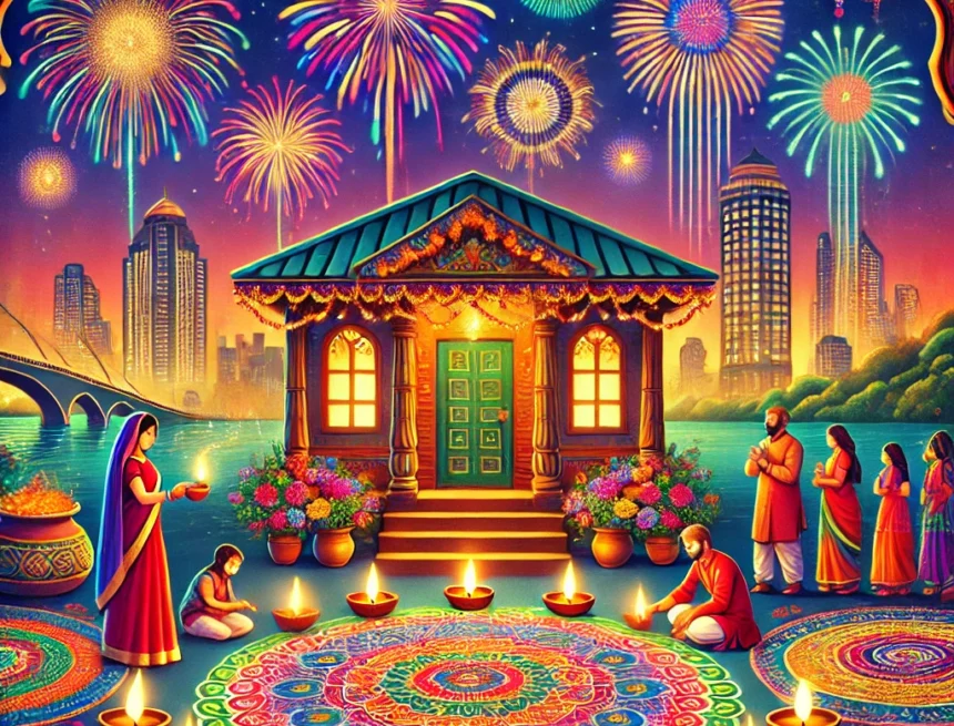 Diwali, Festival of Lights, diyas, rangoli, fireworks, Indian culture, celebration, night scene, traditional festival, colorful illustration