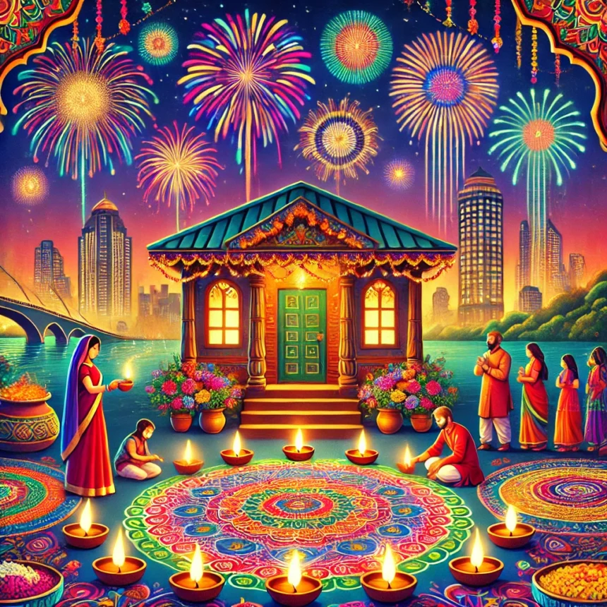 Diwali, Festival of Lights, diyas, rangoli, fireworks, Indian culture, celebration, night scene, traditional festival, colorful illustration