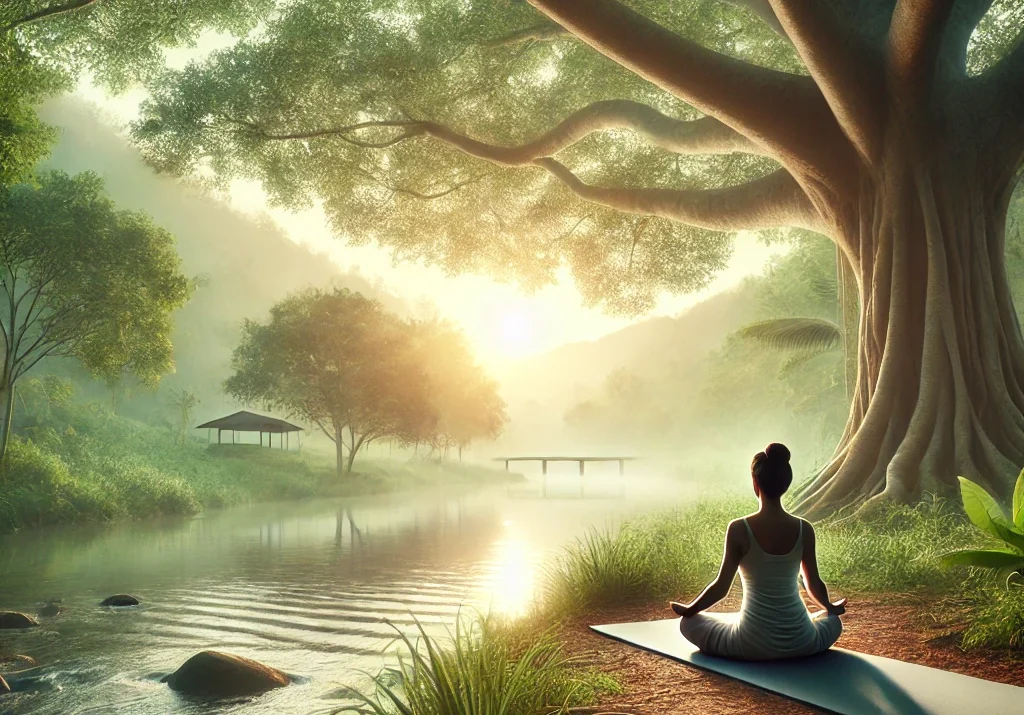 yoga, meditation, nature, tranquility, spiritual growth, serene, morning light, natural setting, yoga practice, peaceful, Yoga Long Term Discipline