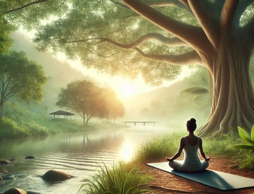 digital image that captures a tranquil yoga setting in nature, designed to complement the themes Yoga Sutra yoga, meditation, nature, tranquility, spiritual growth, serene, morning light, natural setting, yoga practice, peaceful, Yoga Long Term Discipline