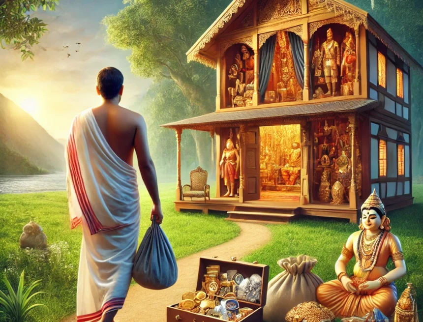 digital image you requested, depicting a householder renouncing material wealth for spiritual enlightenment. spirituality, renunciation, material wealth, spiritual journey, enlightenment, Indian culture, Yoga Beyond Gunas Attachment