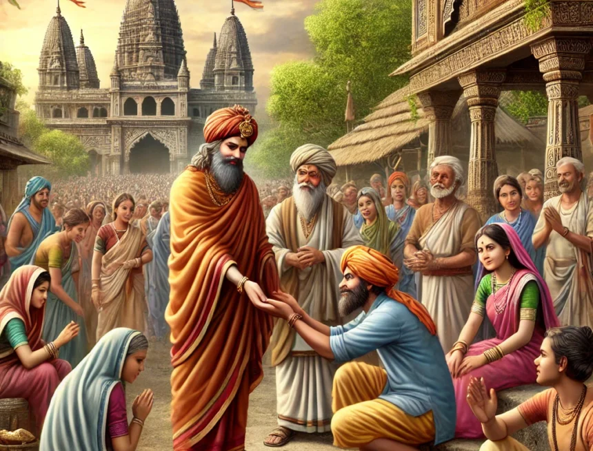 digital painting of ancient Indian environment depicting a merciful ruler assisting his subjectsi ancient India, cultural heritage, leadership, community, historical, temples, traditional clothing, Kautilya Beyond Arthashastra
