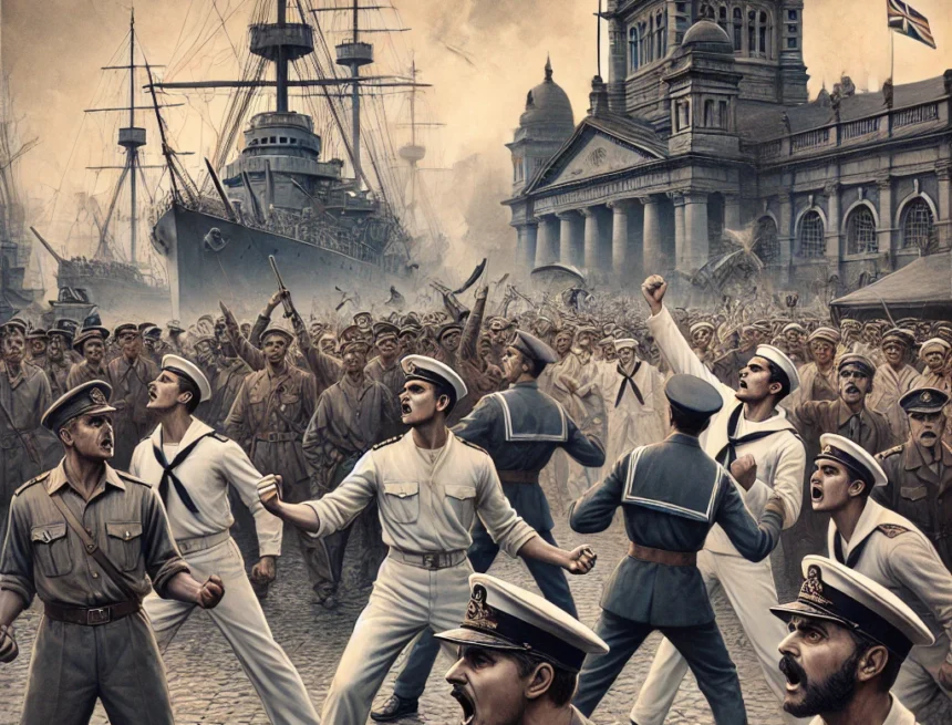 digital_image_created_to_depict_the_Royal_Indian_Navy_Revolt_of_1945_in_Mumbai_dramatic_and_tense_atmosphere_at_naval_base Indian Navy Revolt, 1945, Mumbai, naval mutiny, British colonial rule, Indian sailors, historical protest, mid-20th century, naval ships, navy blue, Royal Navy Revolt Mumbai
