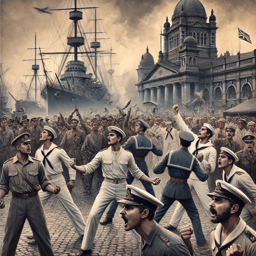 Indian Navy Revolt, 1945, Mumbai, naval mutiny, British colonial rule, Indian sailors, historical protest, mid-20th century, naval ships, navy blue, Royal Navy Revolt Mumbai