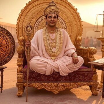 King, Kautilya, Arthashastra, Indian royalty, traditional attire, golden throne, justice scale, ancient wisdom, regal authority, historical figure, Kautilya's Ethical Imperative