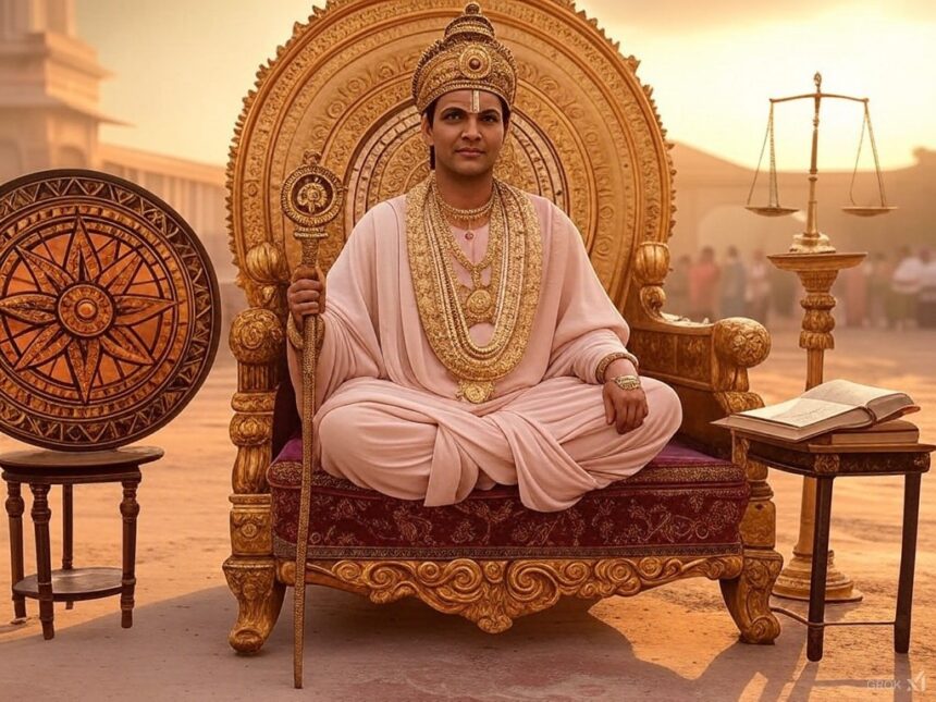 King, Kautilya, Arthashastra, Indian royalty, traditional attire, golden throne, justice scale, ancient wisdom, regal authority, historical figure, Kautilya's Ethical Imperative