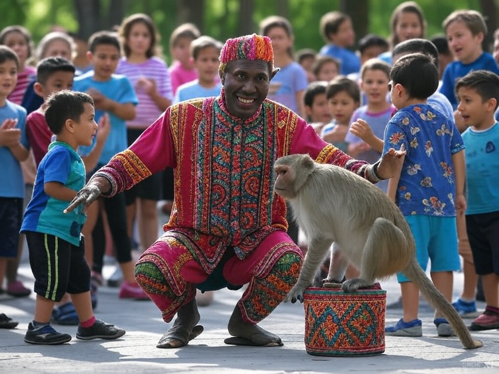 street performer, monkey charmer, children audience, social distraction, Siddhis metaphor, Indian tradition, allure of performance, spiritual pitfalls, crowd interaction