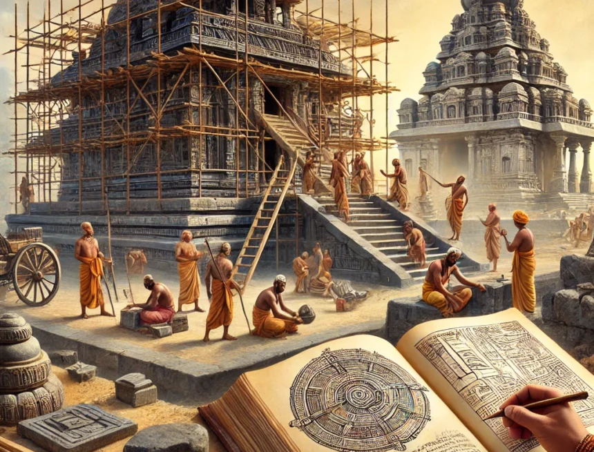 image on Vedic architectural planning and construction methods ancient construction, Vedic architecture, traditional building methods, architectural manuscripts, stone carving, natural materials, historical construction, Indian temple building, sustainable architecture, craftsmanship