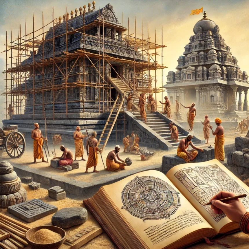 ancient construction, Vedic architecture, traditional building methods, architectural manuscripts, stone carving, natural materials, historical construction, Indian temple building, sustainable architecture, craftsmanship