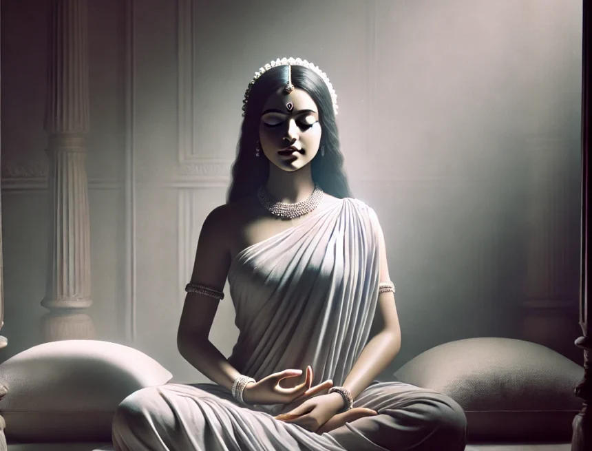 Pingala, spiritual awakening, Indian courtesan, enlightenment, tranquility, meditation, divine realization, ancient Indian culture, minimalist decor, serene, Dattatreya Life Lessons