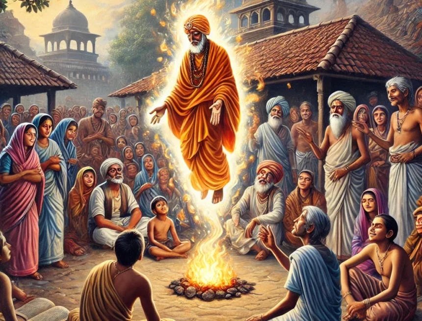 image reflecting the pitfalls in a social setting, where a spiritual seeker interacts with society through mystical spiritual pitfalls, Indian social setting, Siddhis allure, distractions in spirituality, spiritual seeker and society, monkey charmer metaphor, societal influence on spirituality, yoga philosophy visualized, Patanjali’s warning, ego distractions, Samadhi Stages