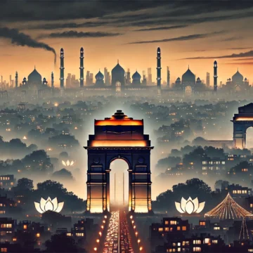 Delhi skyline, Diwali celebration, air pollution, no fireworks, Diwali lights, India Gate, Lotus Temple, environmental concerns, festive season, smoggy skyline