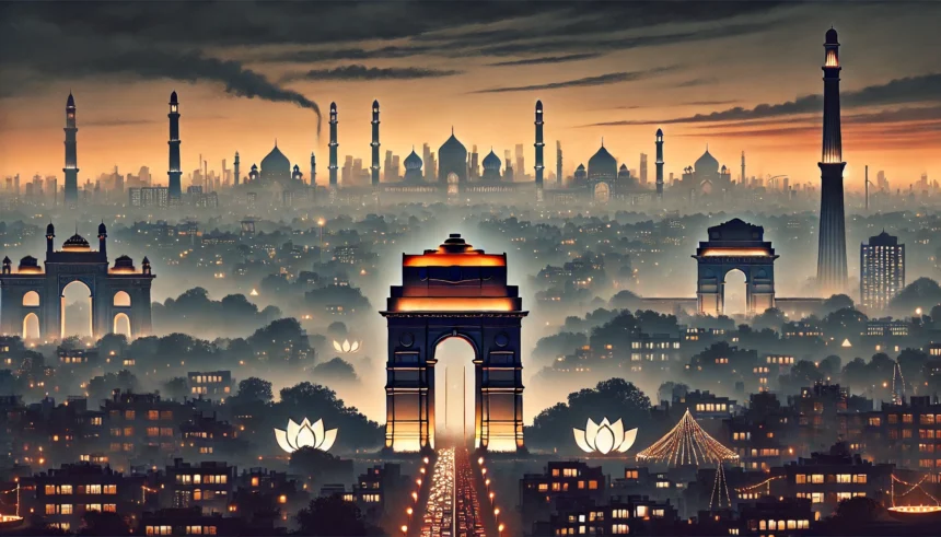 Delhi skyline, Diwali celebration, air pollution, no fireworks, Diwali lights, India Gate, Lotus Temple, environmental concerns, festive season, smoggy skyline