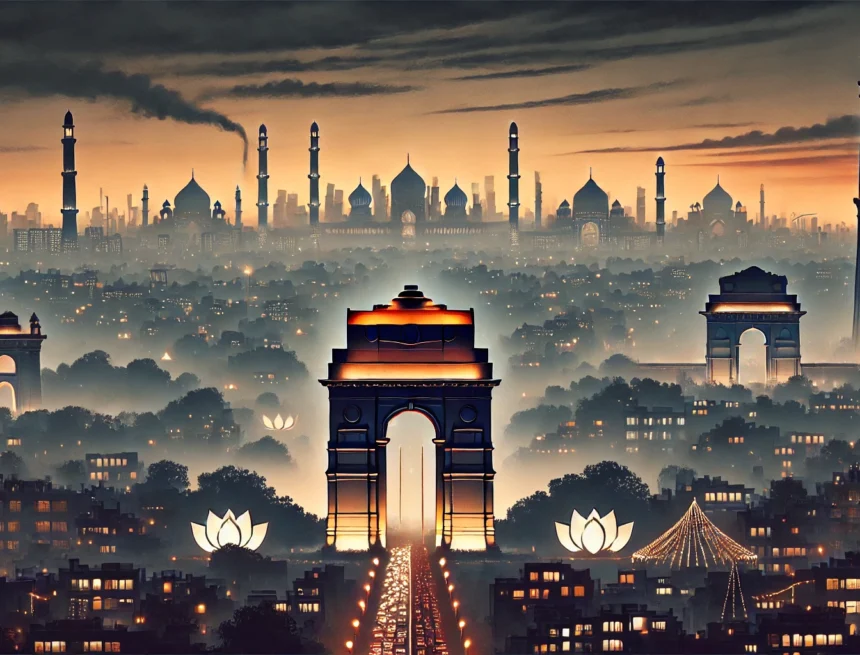 image reflects Delhi's skyline during Diwali, showcasing iconic landmarks under a dark hazy sky with no fireworks due to the ban Delhi skyline, Diwali celebration, air pollution, no fireworks, Diwali lights, India Gate, Lotus Temple, environmental concerns, festive season, smoggy skyline
