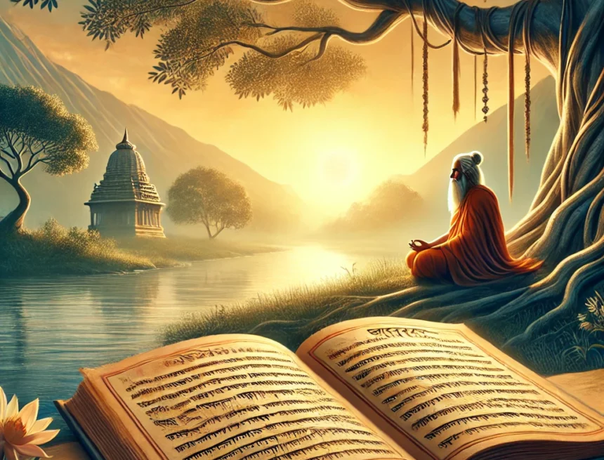 image that represents the theme of Hindu philosophy and scriptures for your blog Hindu philosophy, meditation, serene, tranquil, Sanskrit scriptures, spiritual, ancient book, river landscape, meditating sage, morning sunlight