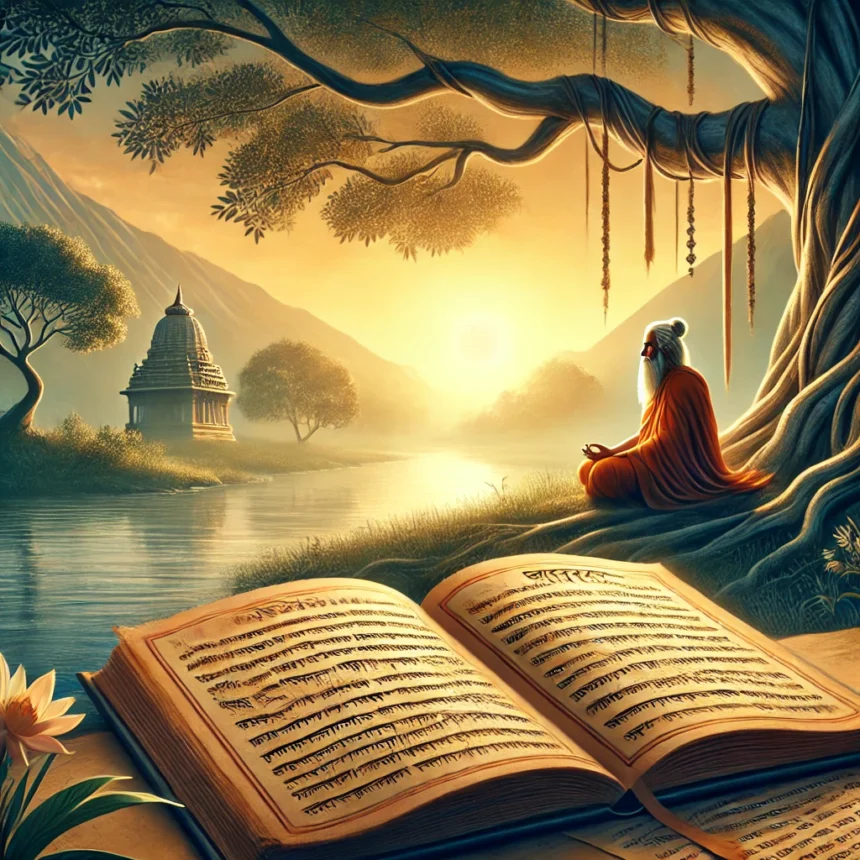 Hindu philosophy, meditation, serene, tranquil, Sanskrit scriptures, spiritual, ancient book, river landscape, meditating sage, morning sunlight