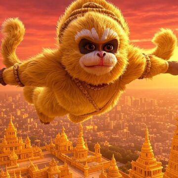 Hanuman, flying, golden city, mythology, Hindu epic, Ramayana, devotion, strength, golden Lanka, sunset