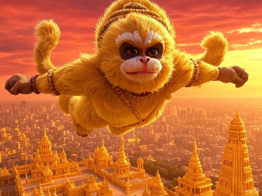 Hanuman, flying, golden city, mythology, Hindu epic, Ramayana, devotion, strength, golden Lanka, sunset