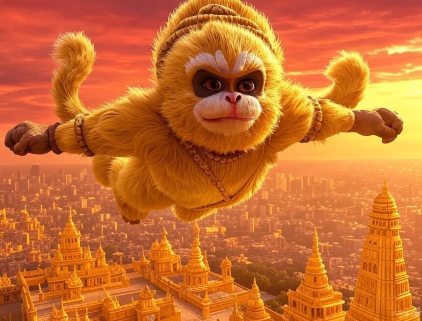 image vividly captures Lord Hanuman in flight, soaring majestically across a golden-hued sky towards a city Hanuman, flying, golden city, mythology, Hindu epic, Ramayana, devotion, strength, golden Lanka, sunset