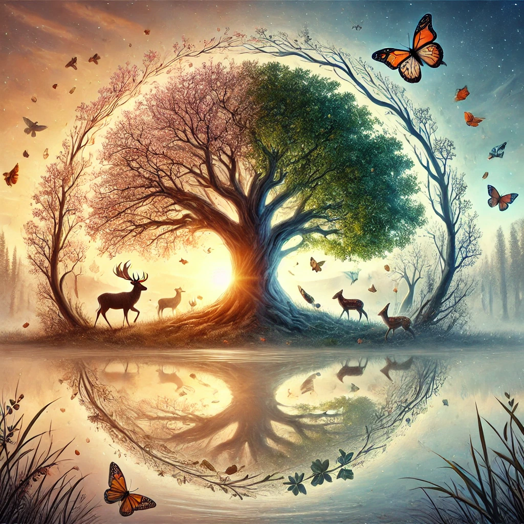 serene nature, rebirth, majestic tree, new beginnings, transformation, wildlife, dawn sky, renewal, hope