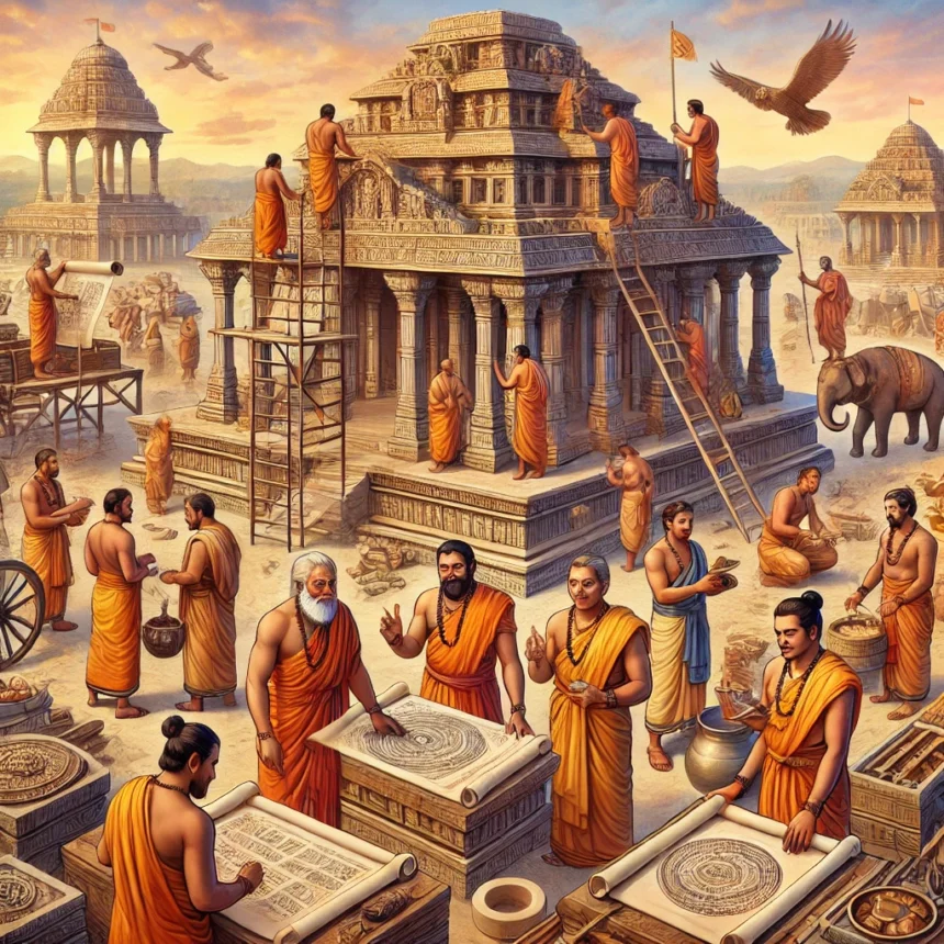 ancient Indian architecture, Vedic varna system, temple construction, Brahmin, Kshatriya, Vaishya, Shudra, collaboration, teamwork, cultural heritage, Hinduism, artisans, craftsmen, historical construction, Indian society, social harmony