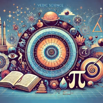 Vedic science, modern science, ancient manuscripts, celestial bodies, pi symbol, geometric shapes, educational content, cosmic imagery, Vedic motifs, science and tradition, Vedic Science and Circle