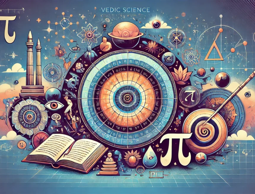 visually_engaging_blog_header_image_Vedic_Science_and_Circle Vedic science, modern science, ancient manuscripts, celestial bodies, pi symbol, geometric shapes, educational content, cosmic imagery, Vedic motifs, science and tradition, Vedic Science and Circle