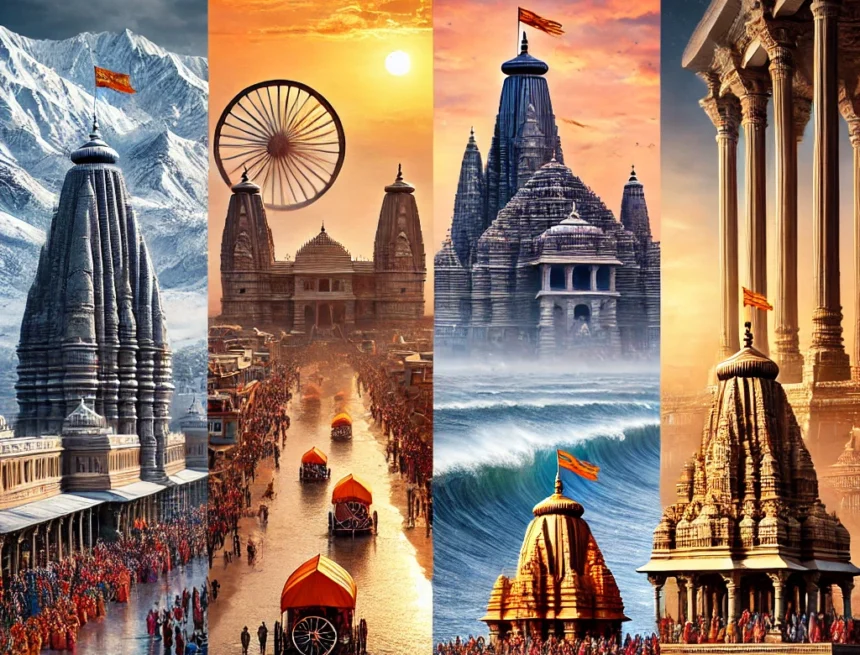 Digital image for your blog depicting the four Char Dham temples in India has been created Badrinath Temple, Himalayas, Dwarka Temple, sunset, Rameswaram Temple, sacred waters, Jagannath Temple, Rath Yatra, Indian temples, Char Dham Yatra, Char Dham Temples