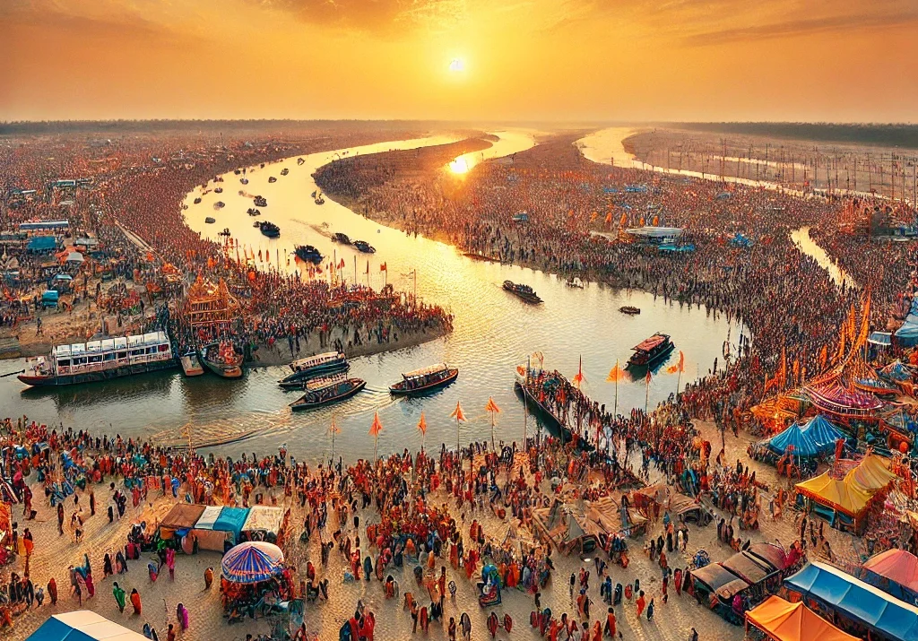 Mahakumbha, Prayagraj, Hindu festival, pilgrims, Ganges, Yamuna, Sarasvati, sunset, spiritual gathering, cultural celebration, Mahakumbha 2025 logistics