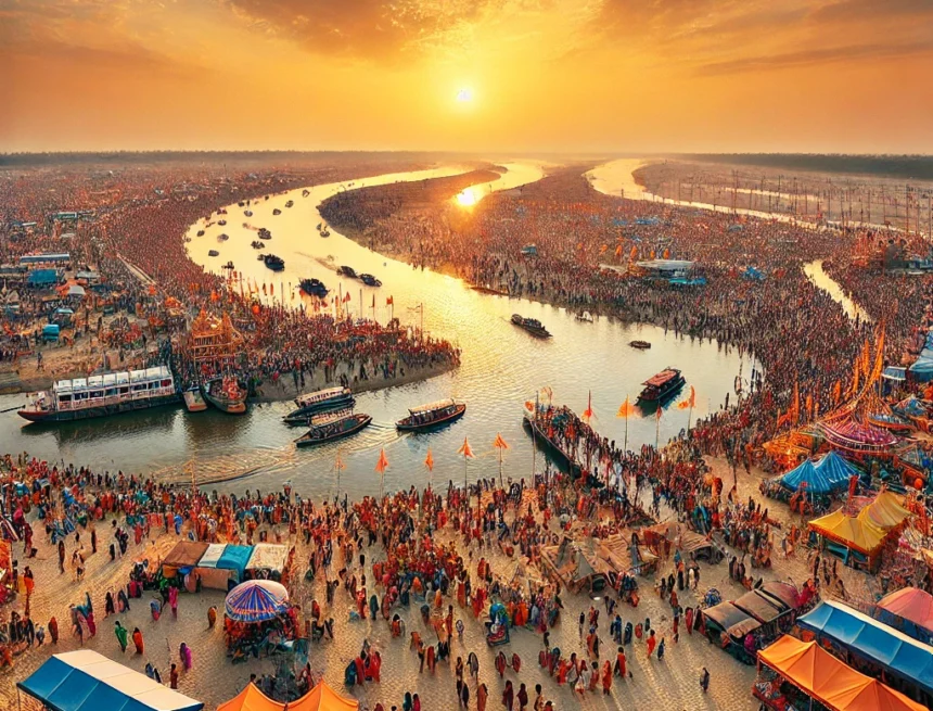 Panoramic view of the Mahakumbha festival at Prayagraj, showing millions of pilgrims gathered at the sandy banks of the confluence of the Ganges Mahakumbha, Prayagraj, Hindu festival, pilgrims, Ganges, Yamuna, Sarasvati, sunset, spiritual gathering, cultural celebration, Mahakumbha 2025 logistics