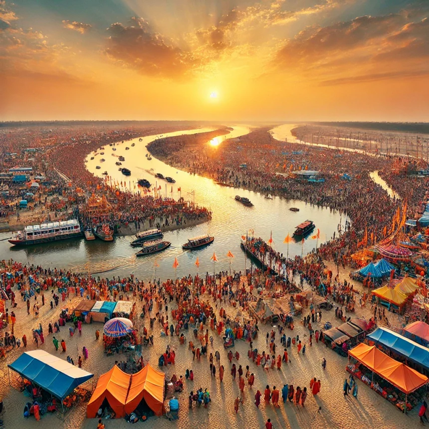 Mahakumbha, Prayagraj, Hindu festival, pilgrims, Ganges, Yamuna, Sarasvati, sunset, spiritual gathering, cultural celebration, Mahakumbha 2025 logistics